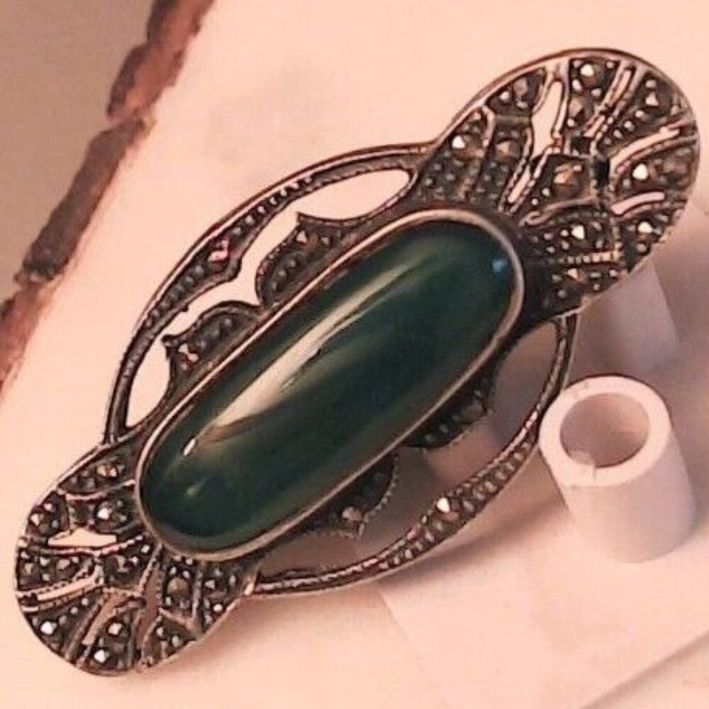 Vintage Brooch Sterling Silver Marcasite Chrysoprase Green  Centerpiece Art Deco